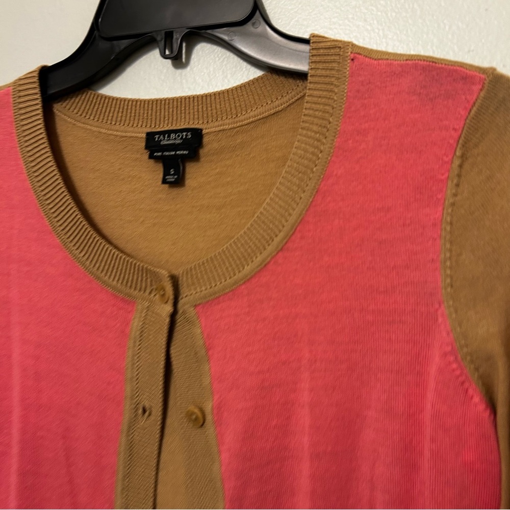 Talbots‎ Women's S Pure Merino Wool Color Block Button Up Cardigan tan pink EUC - Picture 5 of 8